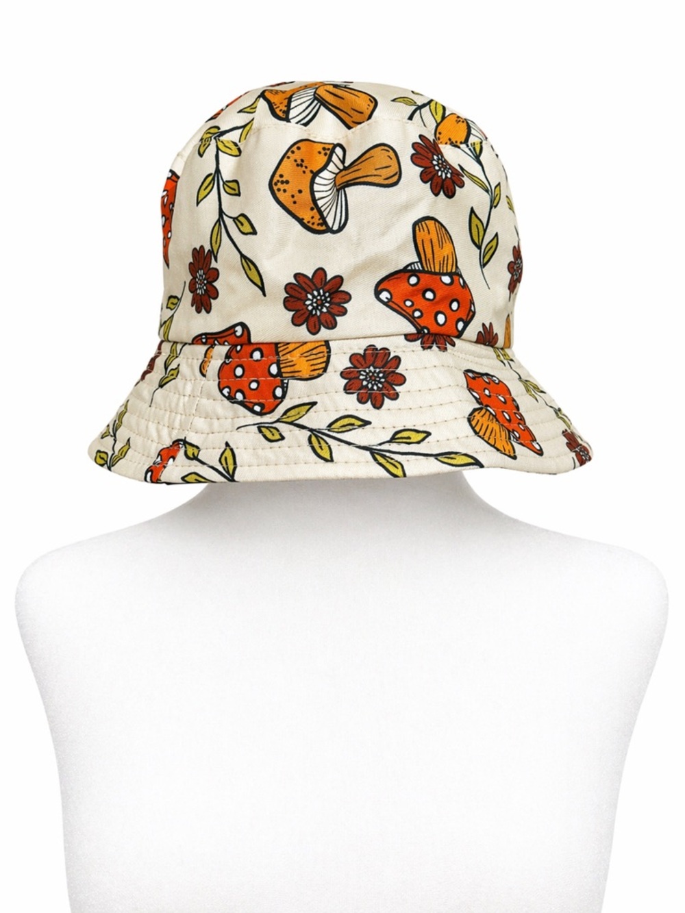 Mushroom & Floral Print Bucket Hat – Cream/Orange Nature Aesthetic